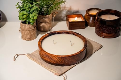 Two Wick Soy Wax Scented Candle in Sheesham Wood - Flat Bowl Large - Upto 50 Hours Burning Time - rafiteriaCandles (Rose)