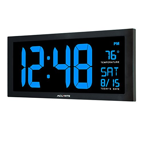 AcuRite 76100M Oversized LED Clock with Indoor Temperature, Date and Fold-Out Stand, 18-inch, Blue