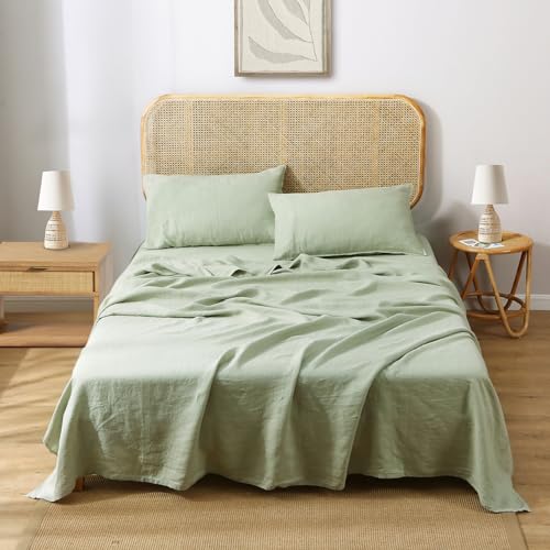 Victory Symbol 100% French Natural Linen Bedding Ultra Soft Stone Washed 4 Piecces Sheets Set(Light Green,Queen)