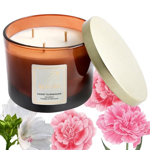 Allure Living Sweet Surrender Luxury Carnation & Musk Soy Candles Large 3 Wick Jar Candle | Up to 40 Hours Burning Time | Natural Soy Wax | Relaxing Aromatherapy Aesthetic Candle Scented Candle