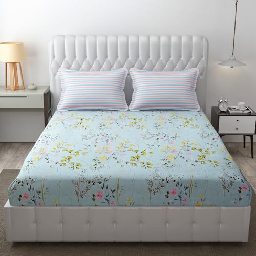 MALLOW Printed Cotton Feel | Wrinkle Resistant | Skin Friendly| King Size bedsheet with 2 King Size Coordinated Pillow Covers |Luxury Soft Sheets| (Sky Blue Floral, Size 108x108 inches)