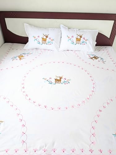 Needle & Ballet King Size Embroidery Pure Cotton Deer Bedsheet with Two Pillow Covers.