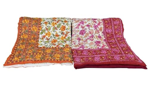 fashhub Jaipuri Quilt Traditional Single Bed Pure Cotton/Rajai/Razai/Blanket Rajasthani Print Light Weight (Garden Flower Beige and Pink) (Set of 2)