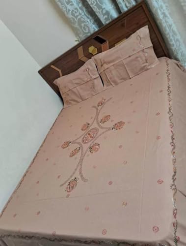 Kashmiri Handwork Embroidered Cotton bedsheets Double Bed Sheet Queen Size with 2 Pillow Cover Floral White bedsheet Embroidery Bedsheet