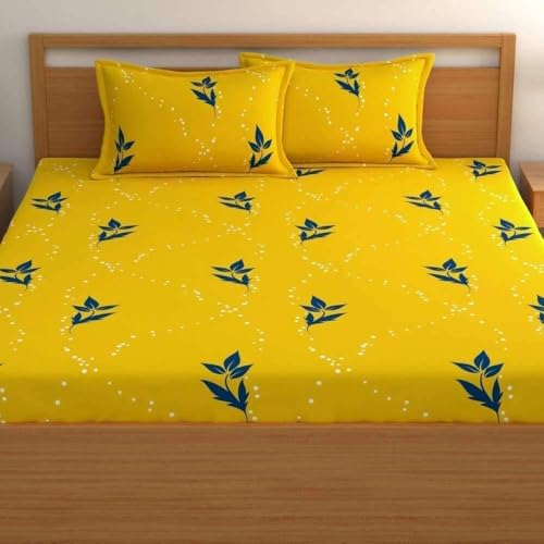 Premium Cotton All Around Elastic Fitted Double Bed Bedsheet (72” x 78”) with 2 Pillow Covers (16" x 26") (BS4 (B) Yellow Mandir)