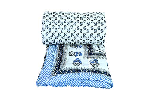 AQRATE Hand Made Gold & Silver Printed Jaipuri Razai Dark Blue Cotton Single Bed Quilt Razai/Rajai-Set of-1