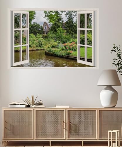 JVERF - JZZA24920 Netherlands Giethoorn Canal Grass Shrubs| Self-Adhesive Open Window Wall Sticker