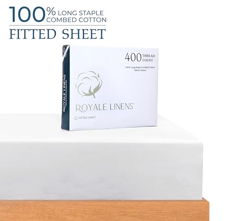 Royale Linens 400 Thread Count 100% American Grown Cotton Fitted Sheet Full Size - All Around Elastic Fitted Sheet - Luxury Sateen Weave - Snug Fit Bottom Sheet Fit Up to 16" (Full, Signature White)