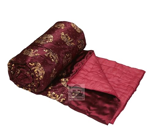 PINAARAS INTERIOR Cotton Filled Light Weight Silk Jaipuri AC Quilt/Razai Gold Print Jaipuriya Rajai/Razzai - (Animal Print, Maroon Elephant Single Bed Set of 2)