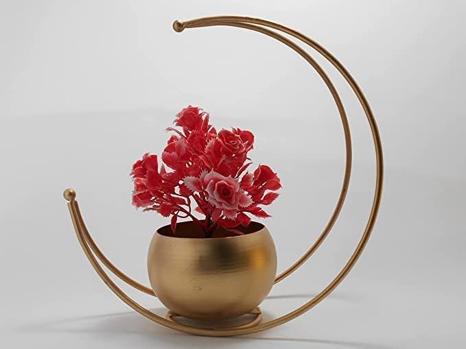 Art Space Gallery Metal Geometric Design Flowe Vase with Gold Finish | Table Decorative Round Shape Flower Pot Moon Flower Vase | Size: 26X26 CM | Pack of 1 | Flower Not Included