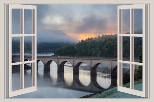 JVERF - JZZA20041 England Lake Bridges Ladybower Fog| Self-Adhesive Open Window Wall Sticker