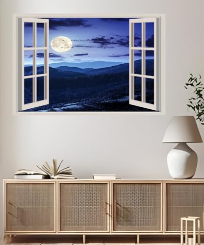 JVERF - JZZA28237 Sky Mountains Forests Night Moon Clouds| Self-Adhesive Open Window Wall Sticker