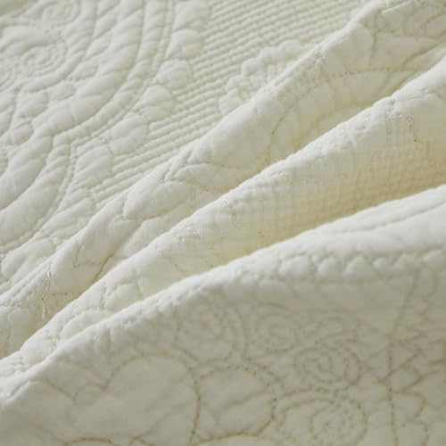 Brandream Quilt Set Cotton Queen King Size Bedspread Coverlet Set 100% Cotton Cream White Luxury Quilted Comforter Sets Damask Embroidery Lightweight