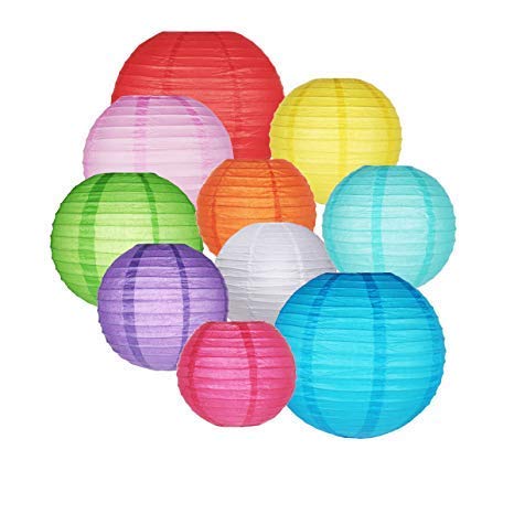 Rangwell Hanging Lantern Rice Paper Ball Lamp Shade (12inch, Mix Colour) - Pack of 10