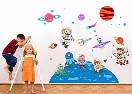 HS Decor ' Kid's on Space - Kid's Room ' Large Size Wall Sticker (Wall Coverage Area - Height 75 cms X Width 115 cms)