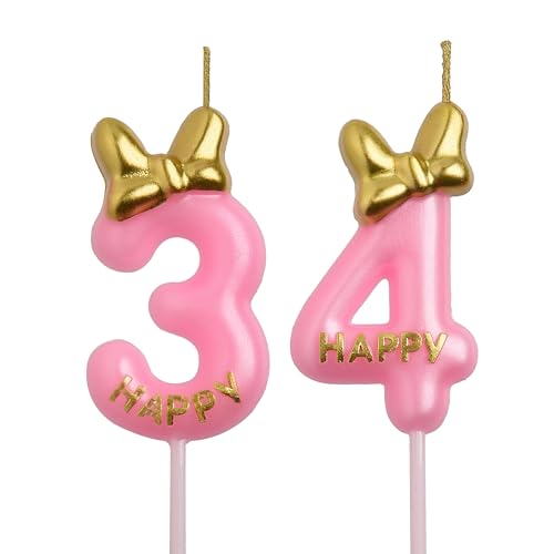 AOOLADA 34th 43rd Birthday Candles, Pink 43 34 Year Old Cake Topper Cute Number Birthday Candles, Birthday Party Decorations Gifts for Girls Women