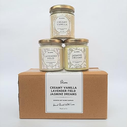 Vanilla, Lavender & Jasmine Eliora Scented Soy Blend Candles (Set of 3-140gms Each) Burn Time- 30 Hours, Best for Gift