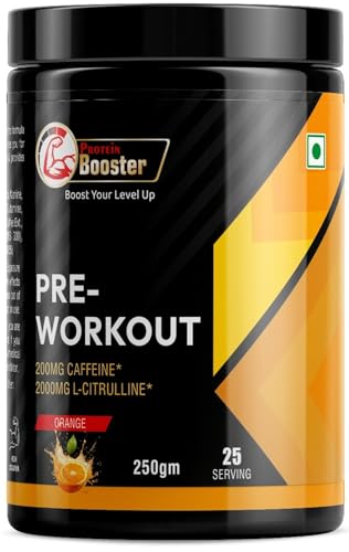 Protein Booster Pre Workout Supplement: 200mg Caffeine, 2000mg L-Citrulline, Muscle Pump & Fat Loss Formula for Men & Women 250gm (Orange)