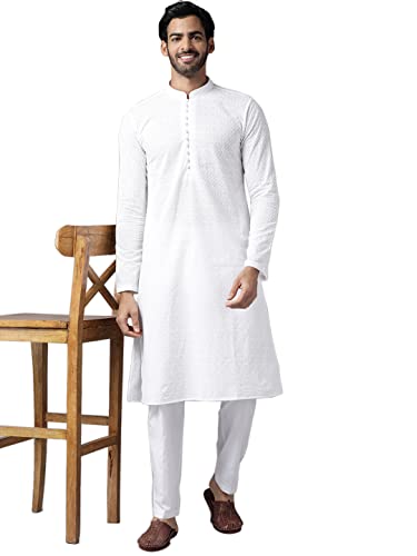 See Designs Mens Kurta | Specially Crafted and Designed for The Eid Festival White Cotton Embroidered Kurta with Pajama Set Mandarin Collar Long Sleeves Chikankari Kurta | SDKT109301L