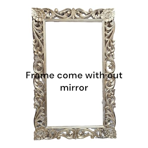 AESTHETIC DECOR Wooden(4x2.5) ft Carved Wall Mirror Frame Solid Mango Wood, | with Out Mirror (White Distress)