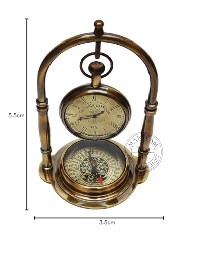 Nautical Clock Ship Table Clock Brass Desk Clock Maritime Brass Compass with Antique Victoria London Pocket Watch