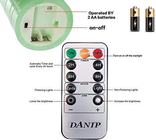 DANIP Green LED flameless Candle with Embedded Star String, 3-Piece Set of LED Candles, with 11 Button Remote Control, 24-Hour Timer Function, Dancing Flames, Real Wax, Battery Powered. (Green)