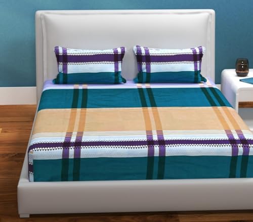 Cotton Elastic Fitted Printed Multi Color Bedsheet for Double Bed with 2 Pillow Covers, fit Up to 8 inch Mattress