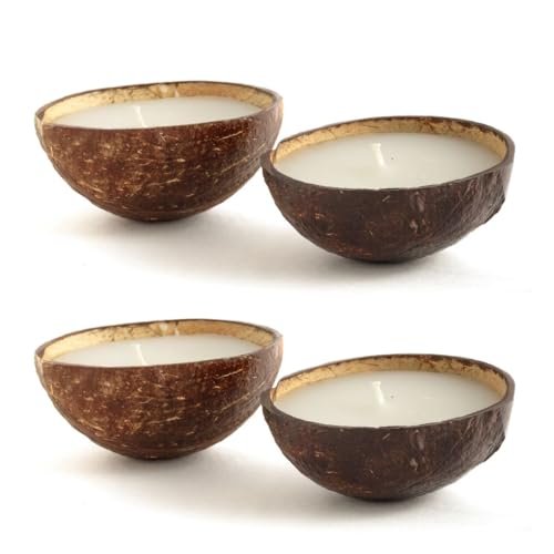 Thenga Coconut Shell Eco-Friendly Candle/Diya | Coconut Scented Candles (Set of 4), White