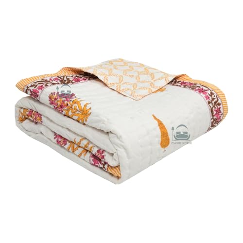 LOARSHY Hand Block Printed Pure Cotton Razai Single Bed Quilts/Rajai/Comferters - Lightweight (Size 60X90 INCHES) Pink