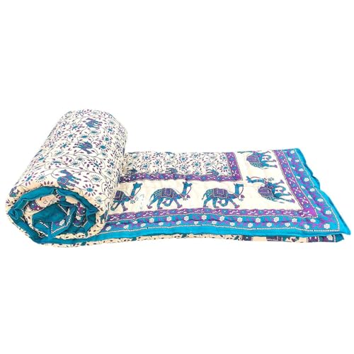 fashhub Rajasthani Traditional Cotton Jaipuri razai rajai ac Blanket Blue Camel Animal Print with Floral Design Single Bed Jaipuri Quilt 55 x 85 inch (Blue) Reversible (Both Sided)