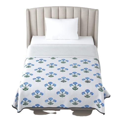 RARA Pure 100% Cotton, Dohar 250 GSM 200 Tc Single Bed 3 Layer, Hypoallergenic, Machine Washable, Soft and Comfortable Pack of 2 (60 x 90 Inch) (Blue Floral)