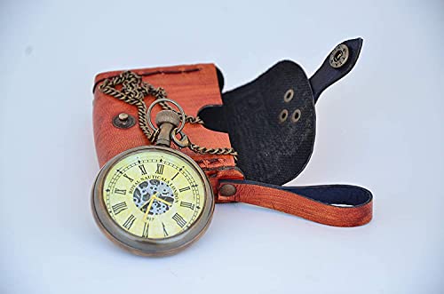 Handmade Roman Dial Antique Brass Clock with Chain and A Brown Leather Case