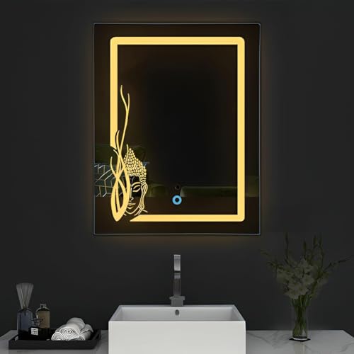 SmileSellers Led Mirror with Buddha Large Front Light Mirror (30x24 inch) (WhiteLight+WarmLight+Cool Day Light) (Rectangular, Framed, Wall Mounting)