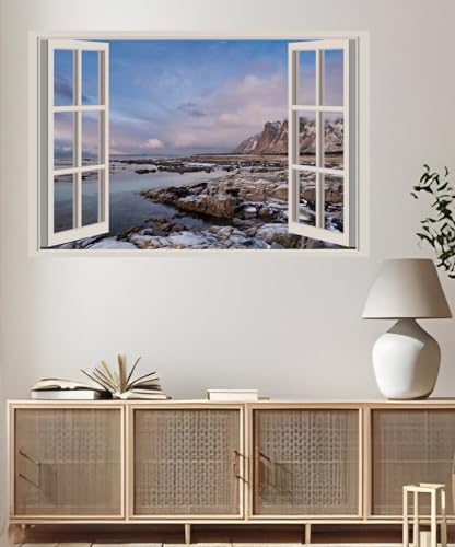 JVERF - JZZA25447 Norway Lofoten Coast Mountains Stones Crag Clouds| Self-Adhesive Open Window Wall Sticker