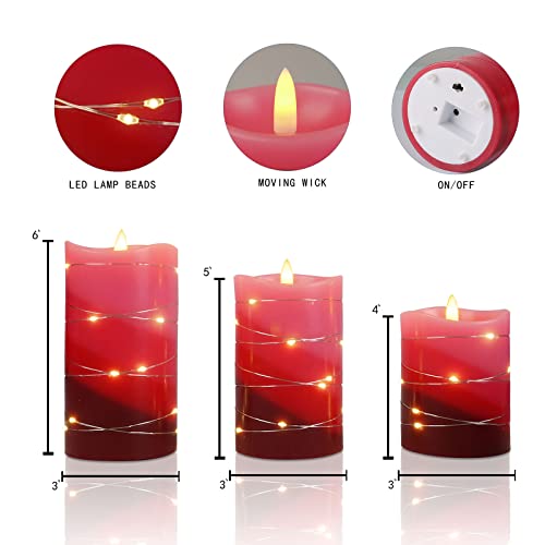 Xinhidar flameless Candle is Rechargeable, Equipped with Embedded String Lights, 3 LED Candles, 11 Key Remote Control, 24-Hour Timer Function, pulsating Flame, and Real Wax. (Gradient red)