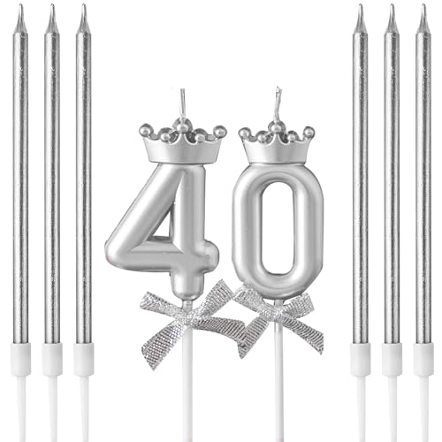 40th Birthday Candles, Number Candle for Cake Birthday Candle Silver Number 40 Crown Bow 3D Designed Wedding Anniversary Party Cake Decorations, 6-Count Silver Long Thin Birthday Candles, Unscented