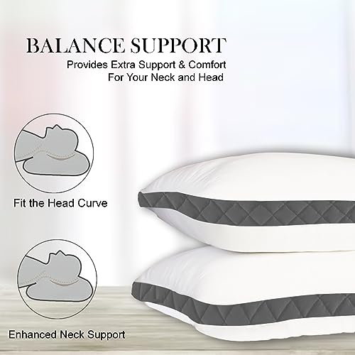 ADBENI HOME Gusseted Quilted Bed Pillow for Sleeping, Soft Touch Comfortable Feather Down Chamber, 17x27 Inch King U.S. Standard, White-Grey (Set of 2)