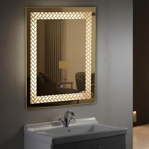 Crystal Indian LED Mirror Glass with Sensor Designer for Living Room Bedroom Dressing Rectangle Shape Touch Sensor,Glass Bathroom Wall Bathroom, & Makeup Room (18X24)