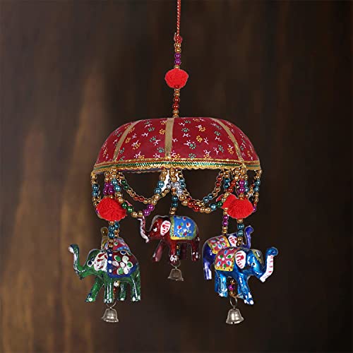 Urbane Home Rajasthani Traditional Windchimes|Handcrafted Latkan|Toran With 5 Decorative Hanging Elephants (Red)