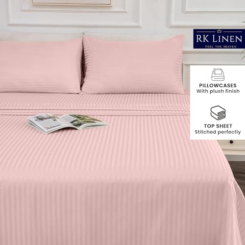 Egyptian Cotton Bed Sheets 450 Thread Count Sateen Finish Luxuries Hotel |Ultra Comfortable 3 Pieces Flat Sheet Set| 1 Flat+2 Pillow Cover Bedsheet Set for Home(Cameo Rose Stripe,3 by 6 / Single)