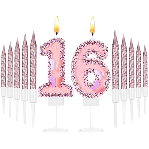 Amylove 2.75" Large Pink Glitter Happy Birthday Candles Girls Number Candles for Birthday Cakes Sequin Numeral Princess Candle Number Birthday Cake Topper with Cupcake Candle for Party (Number 16)