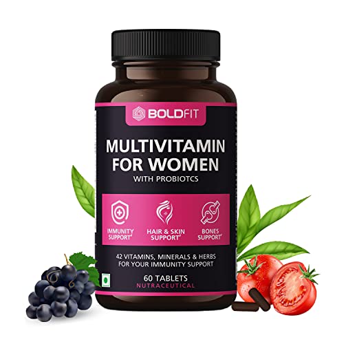 Boldfit Multivitamin For Women Tablets With Probiotics - 42 Vital Ingredients For Immunity, Hair, Skin, Energy & Bone Support - Pack of 1, 60 Tablets