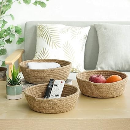 Gowithgreen Mini Rope Storage Natural Handwoven Jute Shelf Basket For Your Home & Kitchen (Small,Medium,Large) - Pack of 3 (Set Of 3 Pieces, Beige)