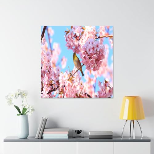 GADGETS WRAP Canvas Gallery Wrap Framed for Home Office Studio Living Room Decoration (17x17inch) - Bird On Pink Cherry Flower