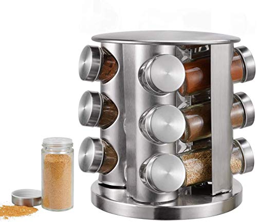 Matiko Spice Jar Rack Revolving Rotating Tiered Shelf Countertop, Spice Organizer, Seasoning Set, Spice Carousel Stainless Steel Stand Storage Holder With 12 Pcs Glass