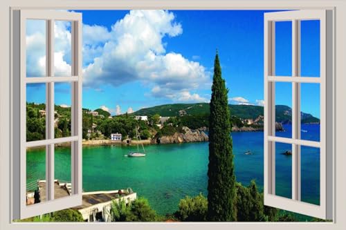 JVERF - JZZA22496 Greece Scenery Coast Sea| Self-Adhesive Open Window Wall Sticker