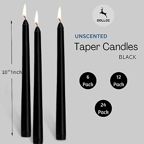 Dolloz Long Black Taper Candles | Elegant Long Candles for Your Home Decor | Each Candle is 10 inches Long, Smokeless & Dripless (Pack of 12)