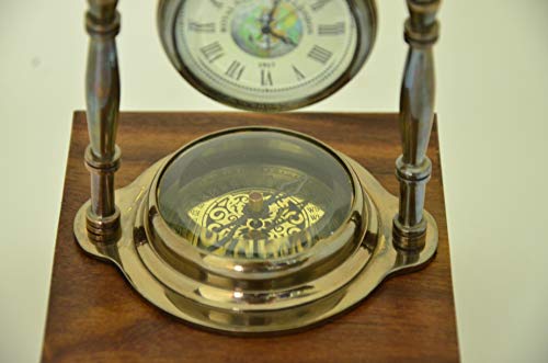 USEW Handmade Nautical Antique Brass Desk & Shelf Clock with Compass Base Antique Brass Desk Hanging Clock with Compass – Roman Dial.