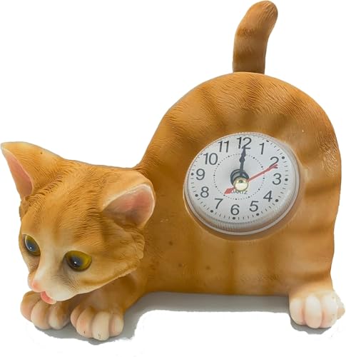 AIE GF65 Small Orange Tabby Cat Desk Clock with Wagging Tail