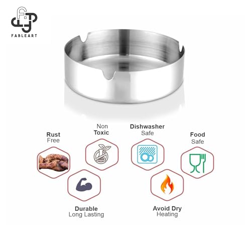 Fableart Stainless Steel Round Ashtray – 3 Grooves for Cigarettes, Windproof Design for Home, Office, Outdoor Use